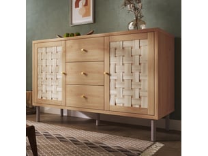 Buffet et enfilade avec 2 portes, 3 tiroirs et étagères réglables pour salon, bois et métal, chêne, 120 × 40 × 75 cm