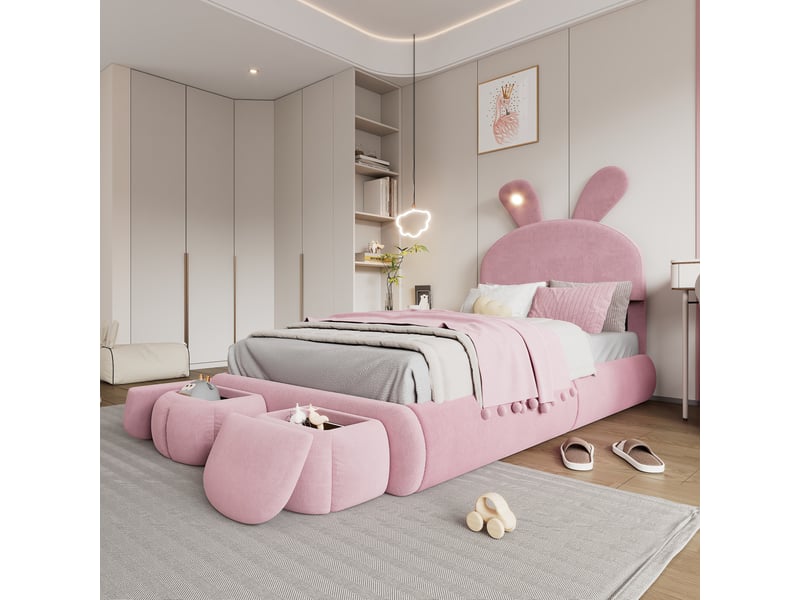  Lit enfant 90x200 cm éclairage led réglable, 2 poufs de rangement en velours rose  - Conforama C