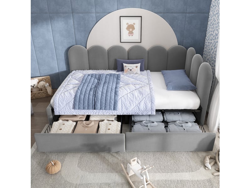  Lit simple 90x190 cm avec 2 tiroirs en velours gris  - Conforama C