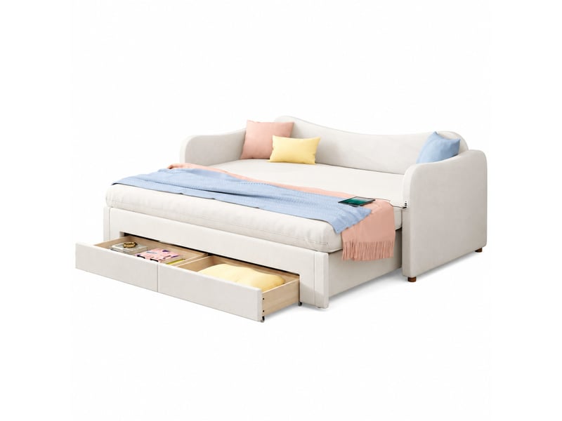  Couchage gigogne, 90x200 cm, lit banquette, tête de lit, recharge, matelas non inclus, tissu et velours, coloris beige  - Conforama A