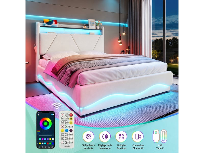 Lit coffre 160 x 200 cm en velours beige avec sommier relevable, tête de lit à étagère, led et ports usb et usb-c - Conforama E