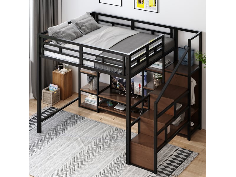  Lit mezzanine tcqpz 140 x 200 cm avec support tv prise et escalier de rangement noir  - Conforama D