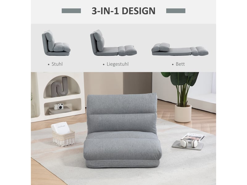  Fauteuil de sol inclinable gris, pliable et convertible en lit, 6 positions, rembourrage épais pour salon  - Conforama D
