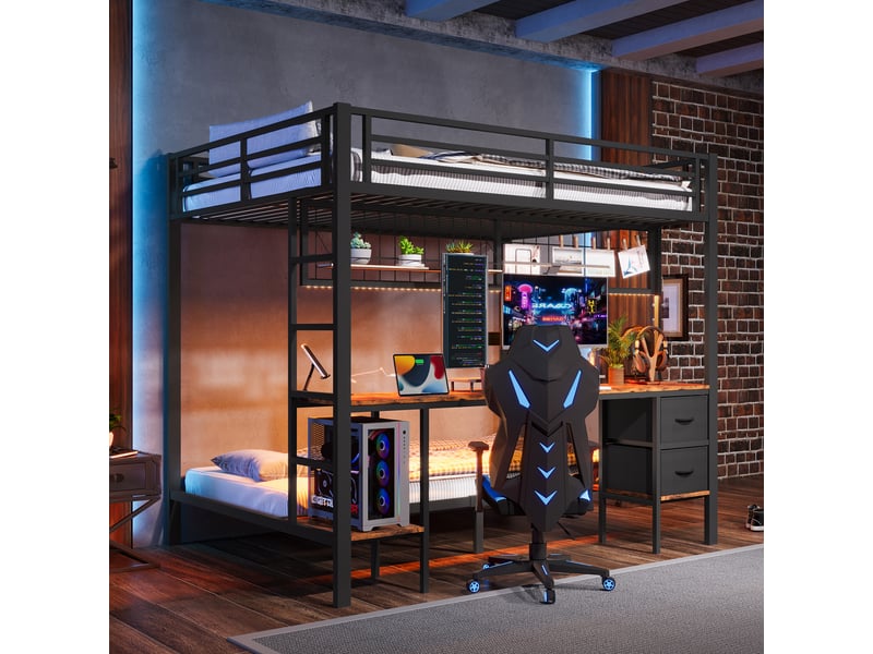 Lit mezzanine double 140×200 cm avec bureau, tiroirs, étagères, led et usb - sans matelas, métal - noir - Conforama C