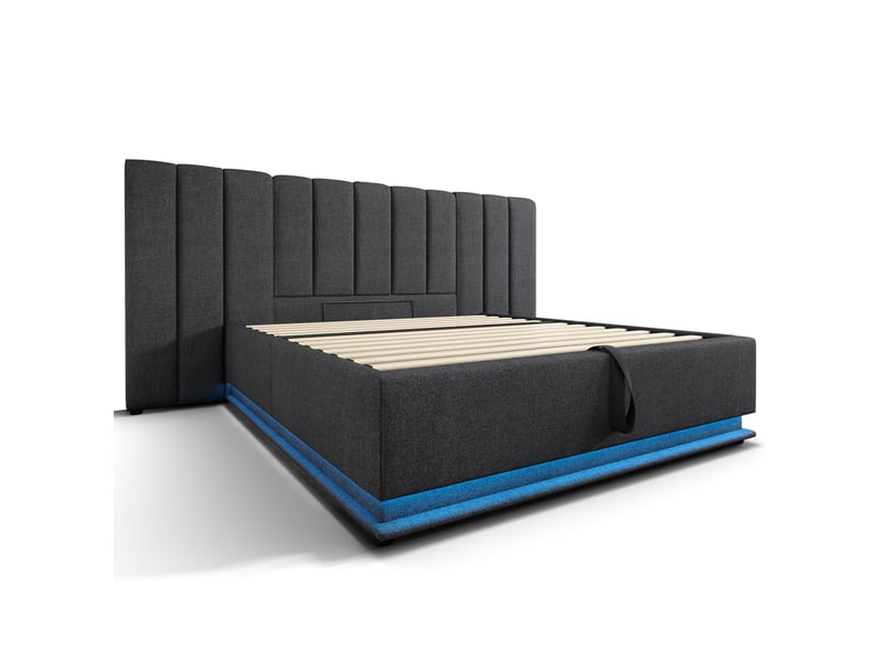  Lit coffre adulte 160x200 cm – gris – rangement hydraulique, led et recharge usb-c intégrée avec sommier à lattes  - Conforama D