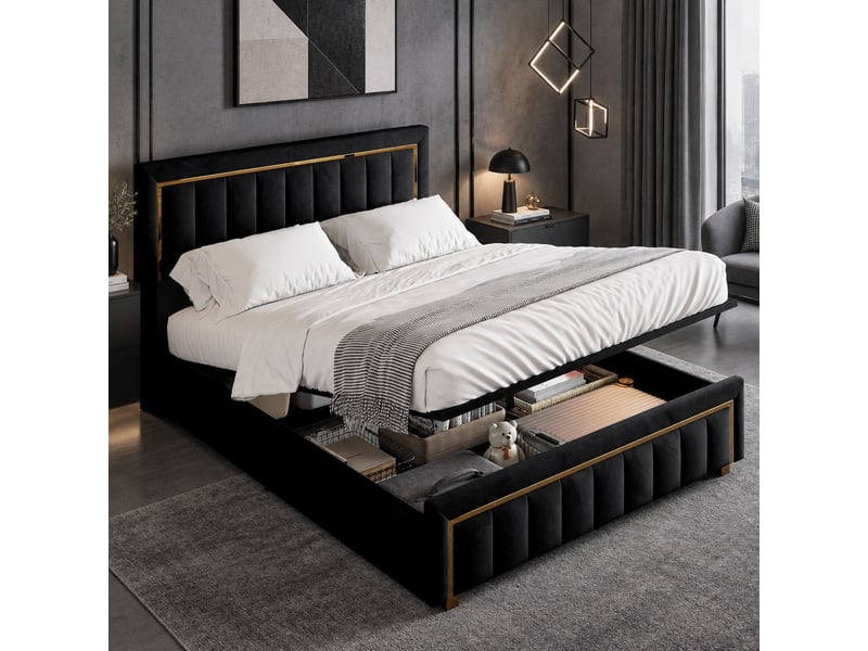 Lit coffre 140x200, lit 2 places avec rangement hydraulique, tête de lit et sommier à lattes, velours noir - Conforama B