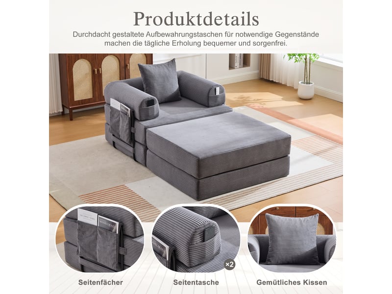 Fauteuil modulaire en velours côtelé - gris foncé - velours côtelé doux - dimensions 112x190x67cm - Conforama D