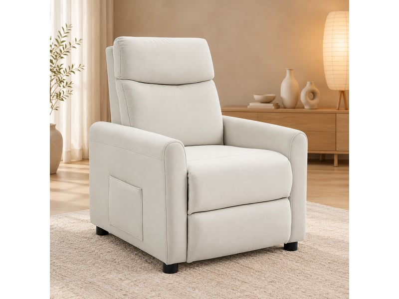  Fauteuil relax 73x86x100 cm inclinable à 145°, poches latérales, polyester blanc crème  - Conforama B