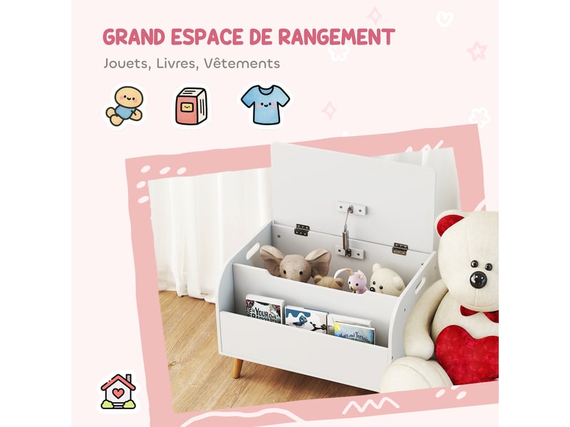  Coffre à jouet enfant, coffre de rangement enfant, 60x40x43cm, couvercle rabattable et compartiment ouvert, blanc  - Conforama A