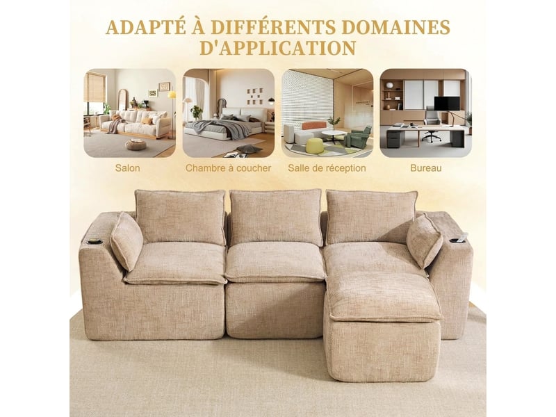  Canapé 3 places modulable en tissu chenille kaki avec pouf - mousse et ressorts - 256x161x75cm  - Conforama R