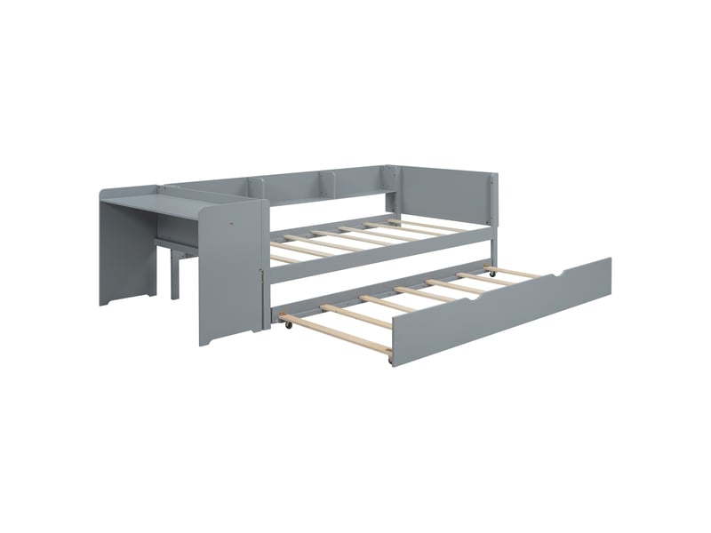 Lit enfant gris 90x200 cm, lit gigogne, bureau intégré et 3 étagères - Conforama D