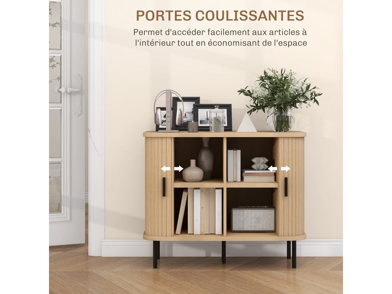 Buffet meuble de rangement avec portes coulissantes à lattes, ton chêne, armoire de cuisine avec pieds en acier - Conforama E