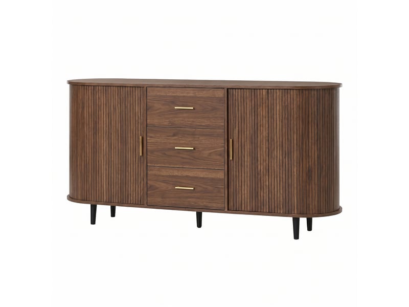  Buffet arrondi 160 cm décor noyer, 2 portes coulissantes, 3 tiroirs, étagères réglables et pieds en fer  - Conforama A