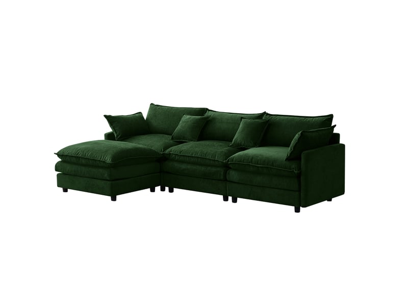  Canapé d’angle modulable 3 places avec pouf, tissu chenille vert, 267x154x85 cm  - Conforama E