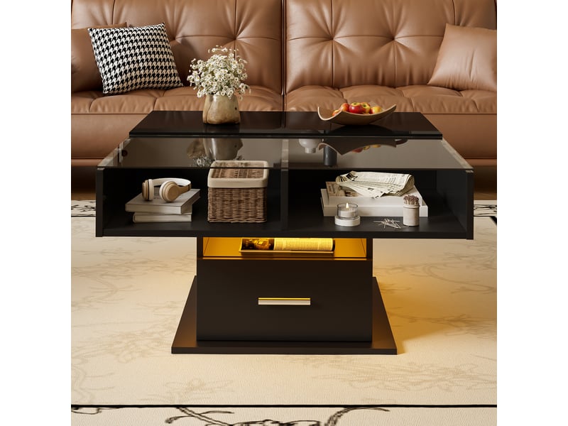 Table basse, verre, panneau de particules, portes vitrées, led d'ambiance, commande par app, design moderne et fonctionnel pour salon - Conforama D
