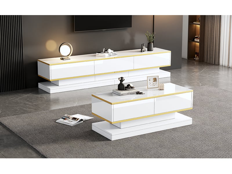  Ensemble meuble tv et table basse, laqué blanc brillant, détails dorés, look contemporain pour le séjour  - Conforama B