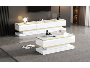 Ensemble meuble tv et table basse, laqué blanc brillant, détails dorés, look contemporain pour le séjour