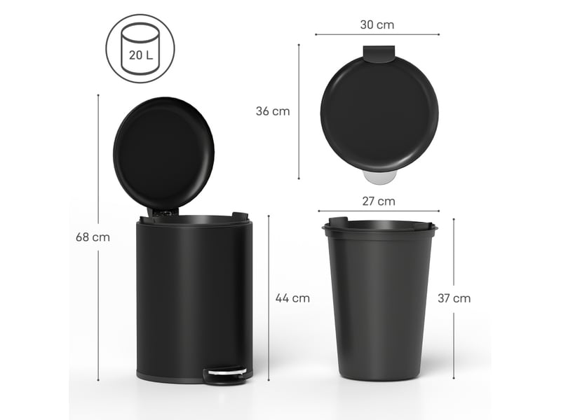  Poubelle de cuisine à pédale 20 l 36x30x44 cm – noire – couvercle à fermeture douce et seau amovible  - Conforama C