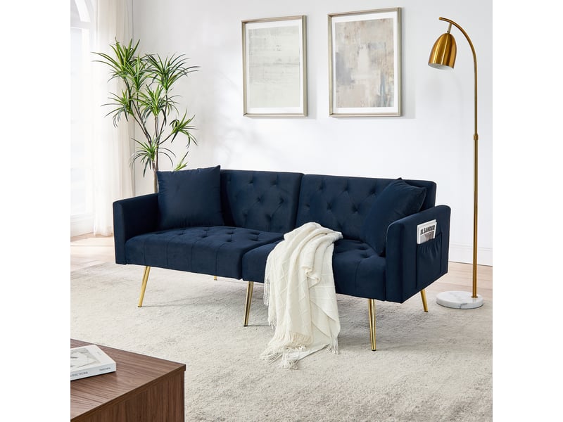  Canapé 2 places convertible avec dossier réglable  - coussins assortis, pieds en métal, velours - bleu  - Conforama C