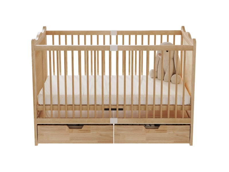 Lit bébé 70 × 140 cm à barreaux avec 2 tiroirs sur roulettes et sommier réglable sur 4 hauteurs en pin naturel pour chambre - Conforama A