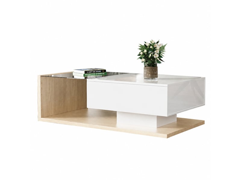  Table basse blanche brillante et effet bois avec éclairage led 16 couleurs, 105 x 55 cm  - Conforama A