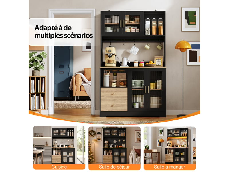  Meuble de cuisine muvano avec vitrine et led rgb, noir et effet bois, 110 × 40 × 178 cm  - Conforama R