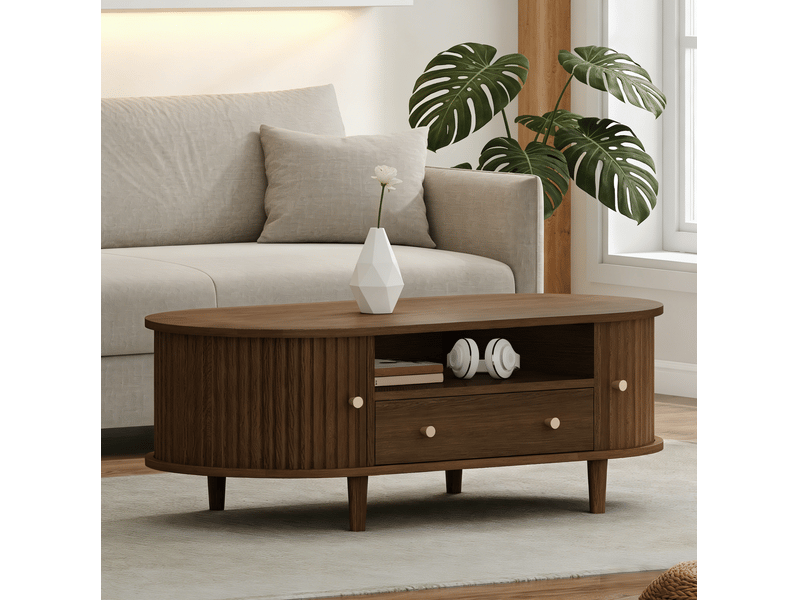  Table basse ovale 100x50x36 cm, table d'appoint, 50 kg, tiroir et porte, en mdf, table de salon à 4 pieds, noyer  - Conforama D