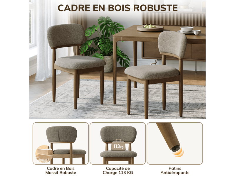 Lot de 4 chaises de salle à manger rembourrées, dossier ergonomique, tissu texturé respirant, structure en bois massif, style moderne, marron - Conforama B