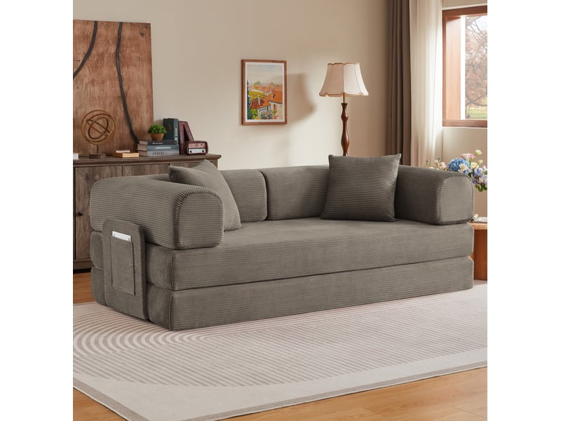 Canapé droit convertible 3 places en velours côtelé taupe, structure acier chromé, 2 coussins, pour salon - Conforama E