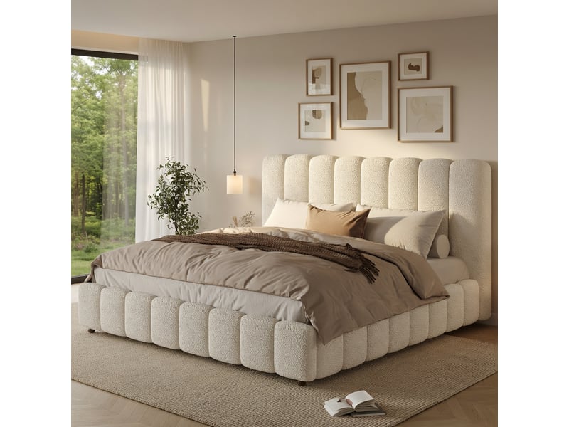  Lit pour adulte 160 × 200 cm, avec sommier et tête de lit, tissu bouclé, blanc  - Conforama D
