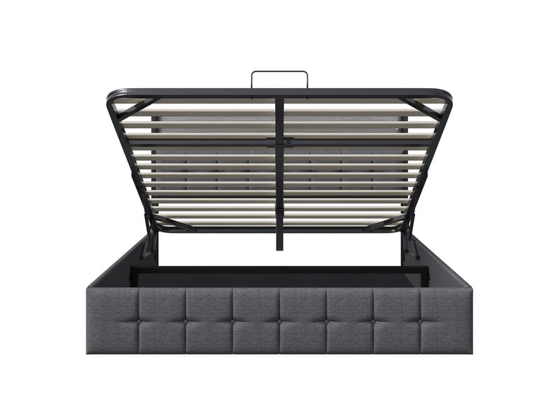  Lit coffre 2 places 160x200 cm, lit adulte avec rangement, led, port usb, tissu en fond, lin gris  - Conforama E