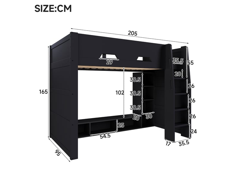 Lit mezzanine 90x200 cm, lit combiné, éclairage led, grand espace de rangement, support à lattes stable, construction robuste et durable, mdf noir OPULERANE TRADING LTD - Conforama C