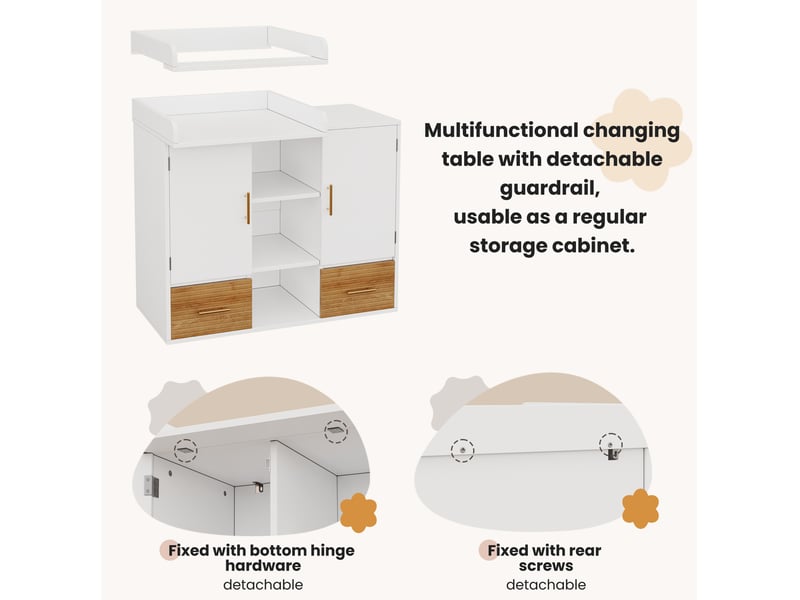  Commode à langer 114x53x92 cm, rangement 2 tiroirs, portes fermées, mdf blanc et naturel  - Conforama E