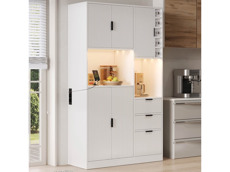 Armoire de cuisine moderne 180cm meuble de rangement avec led prises usb tiroirs et cave à vin armoire salle à manger - Conforama R