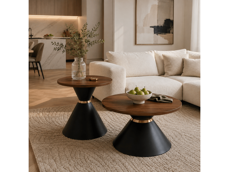 Tables basses gigognes rondes, avec 2 plateaux, base conique en métal et pour salon et chambre, noyer noir - Conforama D