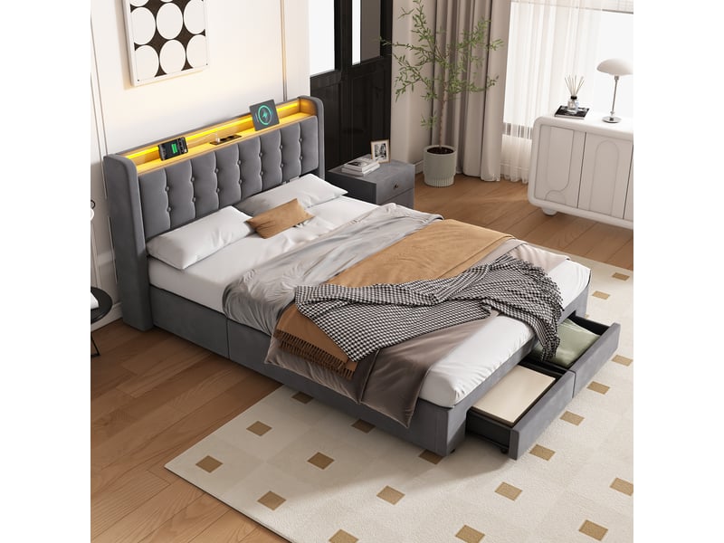  Lit rembourré ulevr 140 x 190 cm avec rangement, 2 tiroirs, port usb et éclairage led, velours gris foncé  - Conforama D