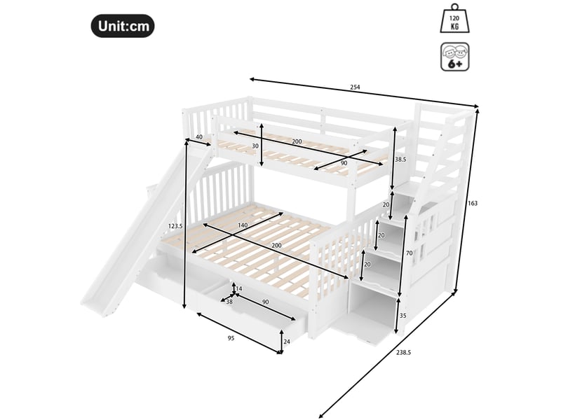 Lit superposé 90x200 et 140x200 cm avec toboggan et tiroirs, blanc antique - Conforama E