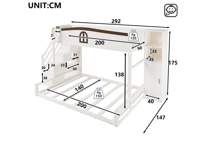  Lit superposé enfant 90x200140x200 cm, 3 couchages, escalier avec rangements, armoire intégrée, fenêtre décorative, pin et mdf blanc  - Conforama D