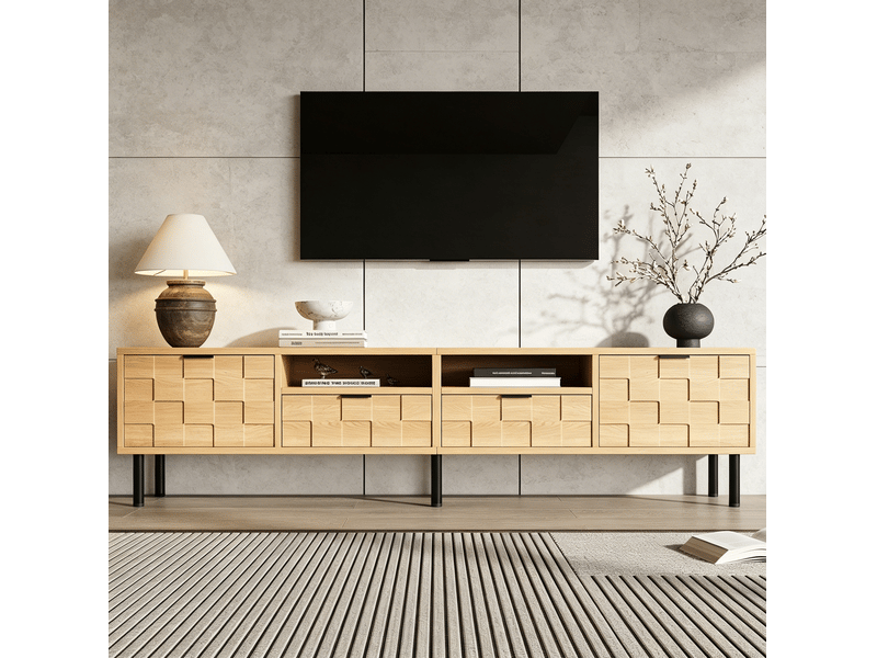 Meuble tv avec 2 portes, 2 tiroirs et 2 niches ouvertes pour salon, décor bois naturel, 200 × 35 × 44,5 cm - Conforama D