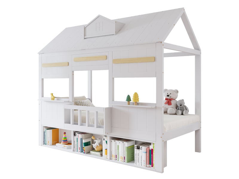  Lit mezzanine cabane enfant 1 place 90 x 200 cm avec bibliothèque intégrée, sommier à lattes, structure en pin, mdf et contreplaqué, blanc  - Conforama A