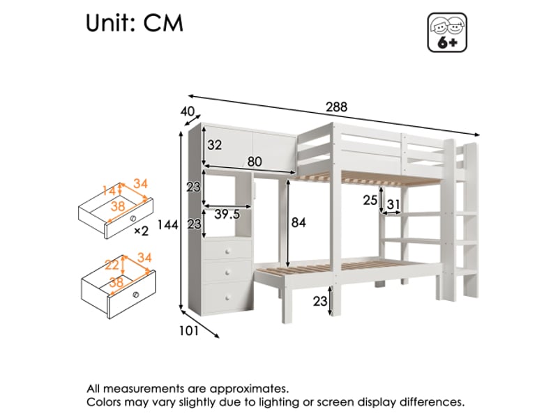 Lit superposé 90x200 cm, lit enfant avec veilleuse led, rangements, étagère et 3 tiroirs, blanc, sans matelas - Conforama C