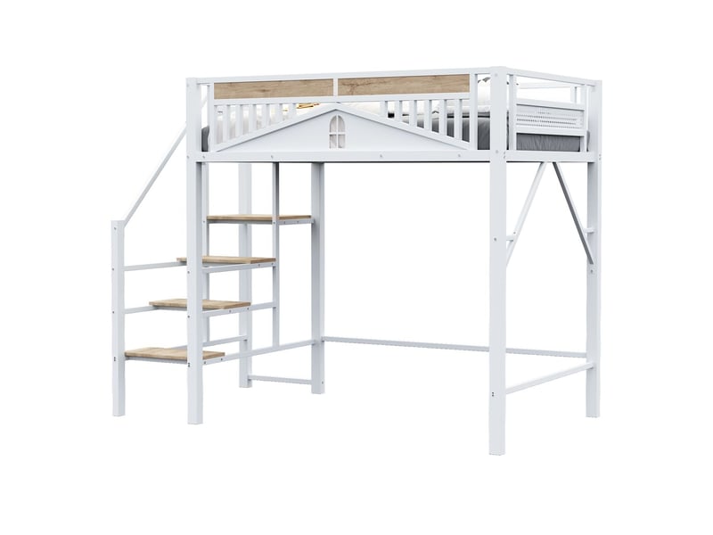  Lit mezzanine 140x200, structure métal robuste lit mezzanine, escalier sécurité rangement intégré  - Conforama E