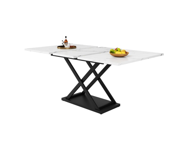 Table à manger extensible 120-160x80 cm, effet marbre blanc, pieds croisés noirs, gain de place, cuisine salon  - Conforama E