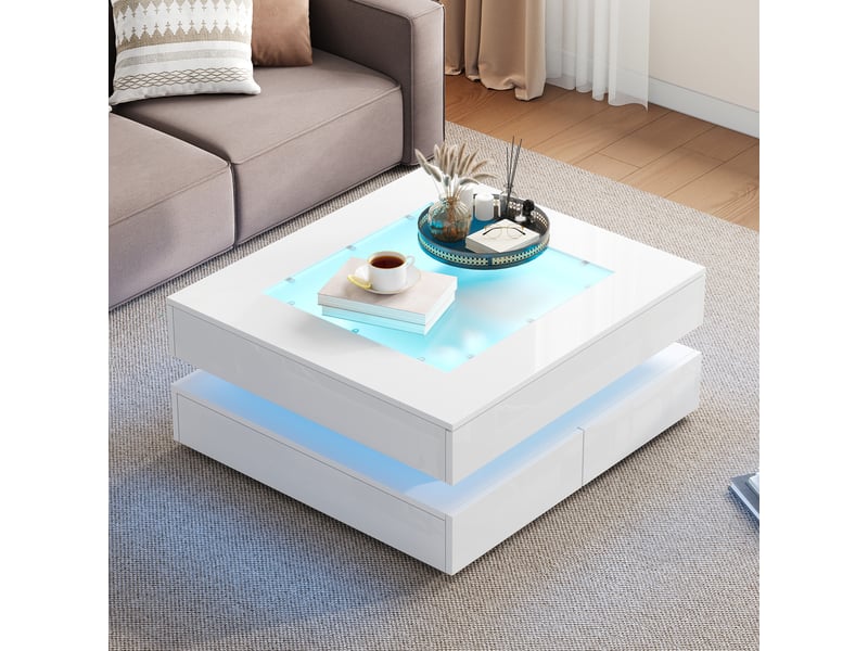 Table basse blanche avec led et 3 tiroirs, table basse carrée 70x70 cm, plateau en verre trempé et bois brillant, blanc. - Conforama D
