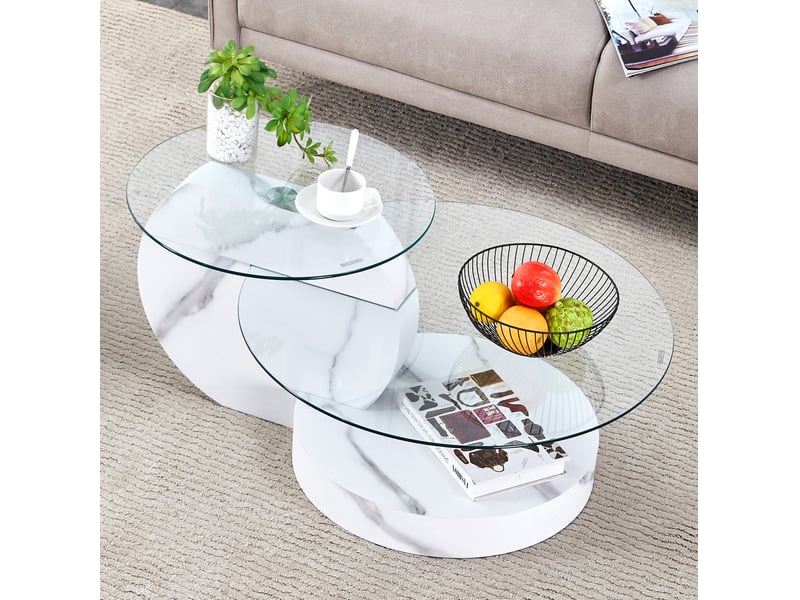  Table basse à deux niveaux avec plateau en verre trempé et base effet marbre blanc pour salon 78,5 × 78,5 × 24,5 cm  - Conforama C