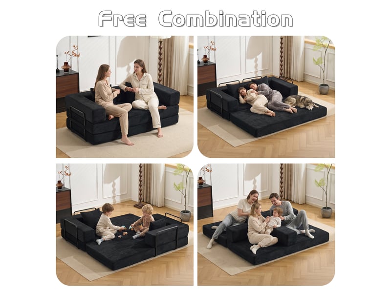  Canapé convertible, canapé-lit, en velours tricoté, noir, pour salon, mobilier pour espace de vie, chambre  - Conforama W
