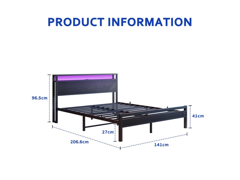  Lit 140x190 avec rangement cadre de lit en métal avec usb et led noir  - Conforama C