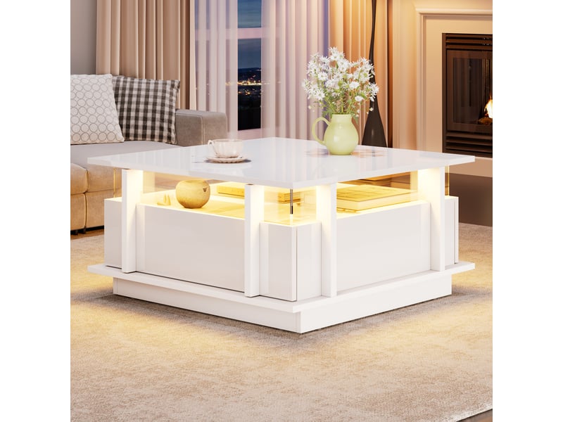  Table basse carrée 70x70 avec 2 tiroirs de rangement - éclairage led intégré et rebords en acrylique  - Conforama D