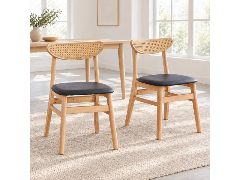  Lot de 2 chaises de salle à manger, dossier rotin  - assise rembourrée, bois d’hévéa - bois naturel  - Conforama B