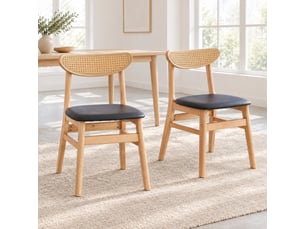 Lot de 2 chaises de salle à manger, dossier rotin  - assise rembourrée, bois d’hévéa - bois naturel